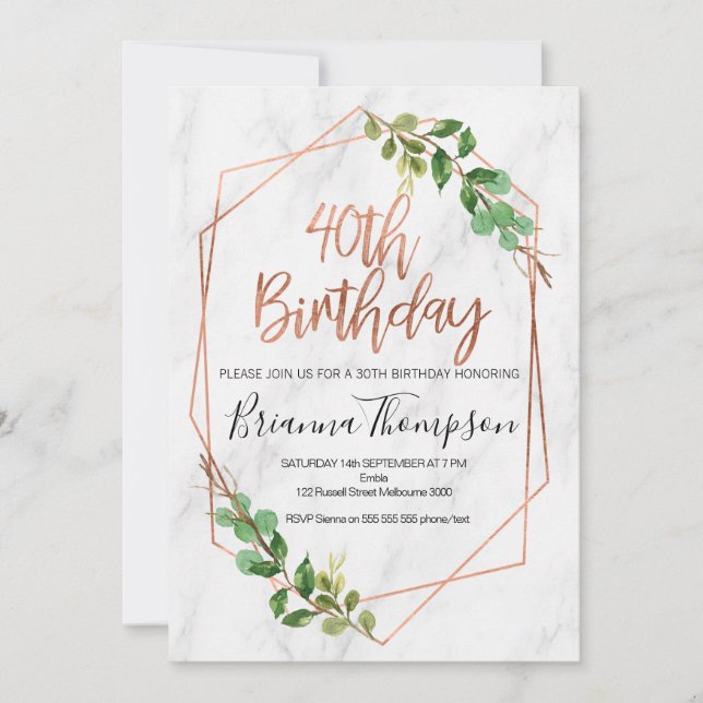 Marbre Rose Gold Foliage 40e invitation anniversai (Devant)