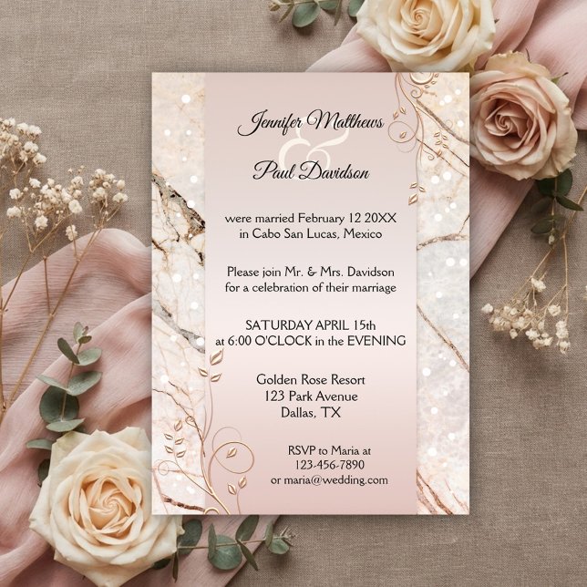 Marbre Rose or Floral Post Faire-part de mariage (After wedding invitation featuring rose gold floral swirls on a blush pink and marble background)