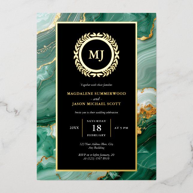 Marbre vert Gold Laurel Crest & Black Invitation (Recto)