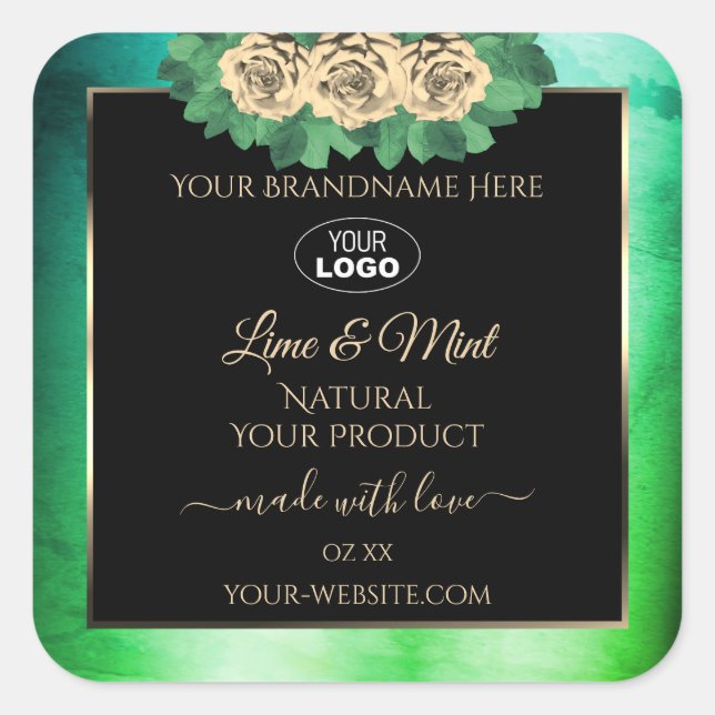 Marbre vert Turquoise Floral Noir Logo Étiquette (Devant)