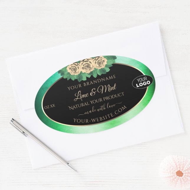 Marbre vert Turquoise Floral Noir Logo Étiquette (Enveloppe)