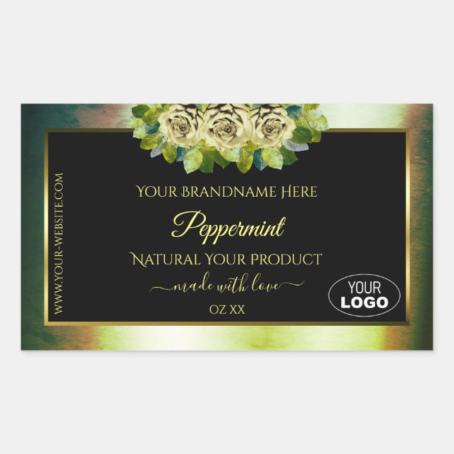 Marbre vert Turquoise Floral Noir Logo Étiquette (Devant)