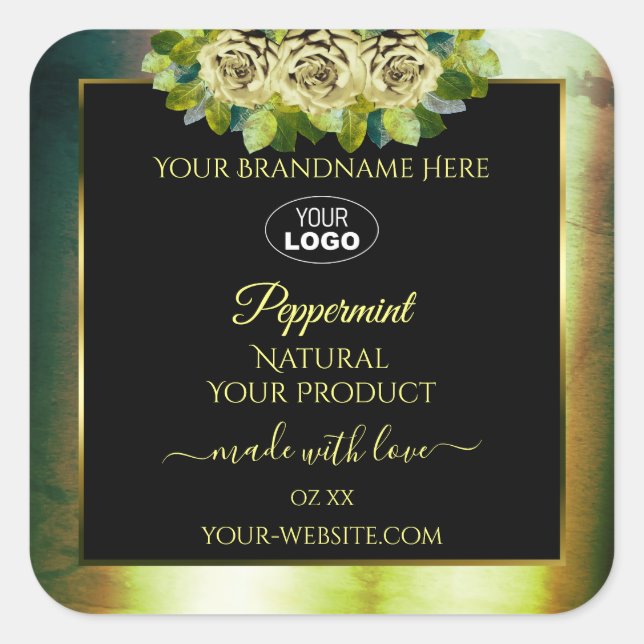 Marbre vert Turquoise Floral Noir Logo Étiquette (Devant)
