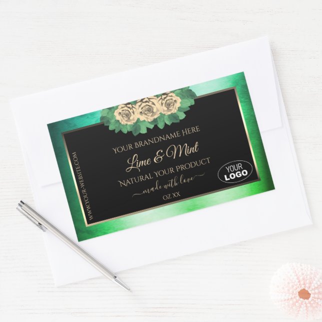 Marbre vert Turquoise Floral Noir Logo Étiquette (Enveloppe)