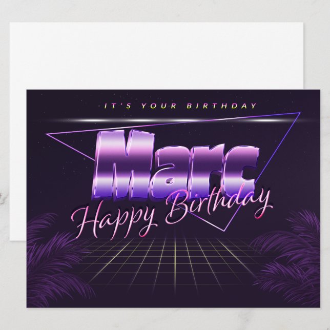 Marc Prénom lila retro Carte Anniversaire (Devant / Derrière)