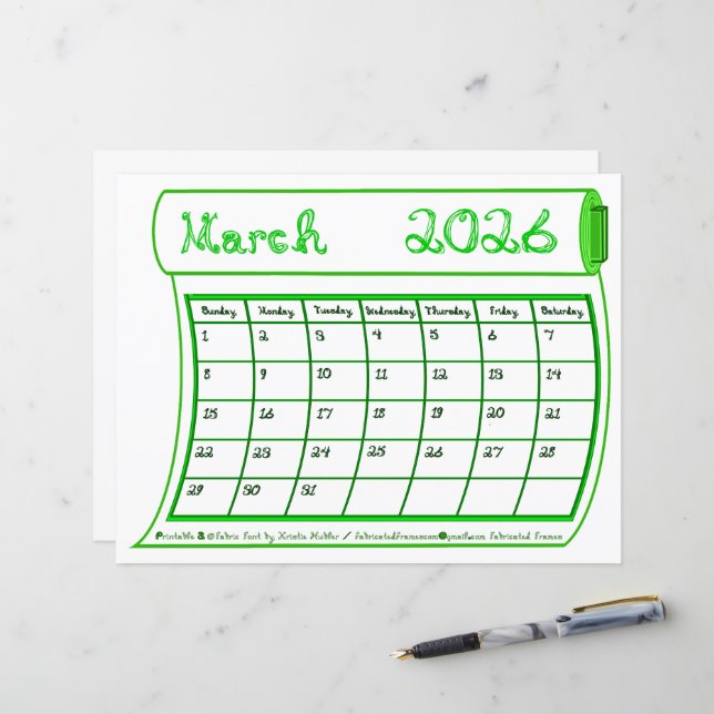 March 2026 Month Green Line Art Fabric Font Paper (Devant/Arrière en situation)