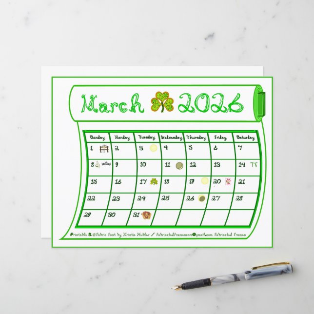 March 2026 Month Green Line Fabric Font Art Paper (Devant/Arrière en situation)