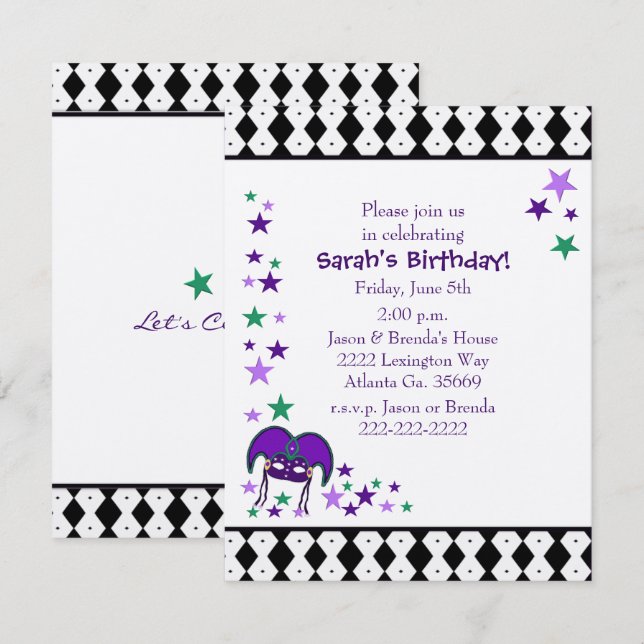 Mardi Gra Thème Anniversaire fête Invitation (Devant / Derrière)