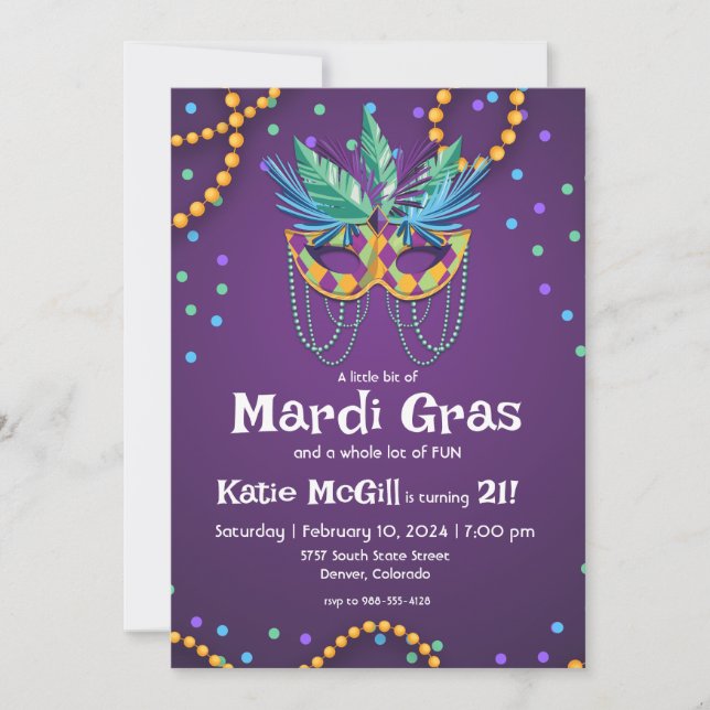Mardi Gras 21e anniversaire Invitation de fête (Devant)