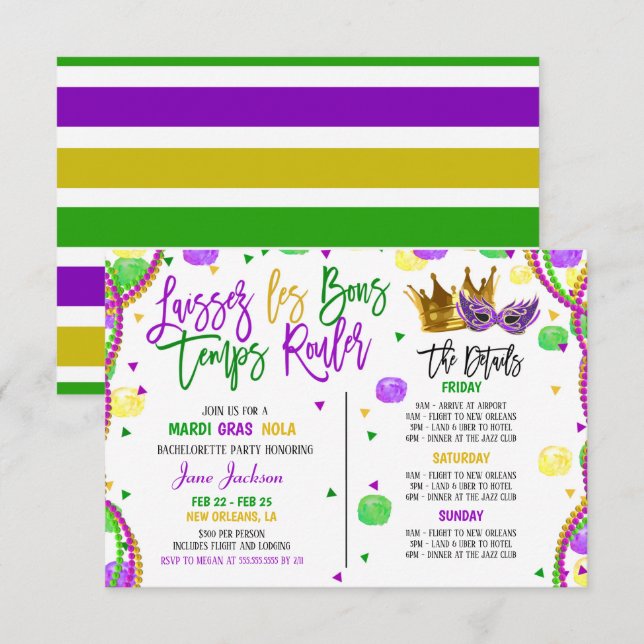 Mardi Gras Bachelorette Invitation du week-end (Devant / Derrière)