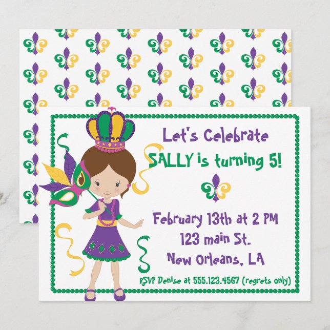Mardi Gras Invitation Fête Anniversaire Pour Fille (Devant / Derrière)