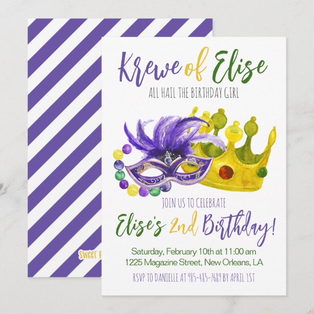 Mardi Gras Krewe Invitation d'anniversaire (Devant / Derrière)