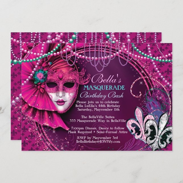 Mardi Gras Masquerade Anniversaire Invitations (Devant / Derrière)