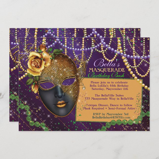 Mardi Gras Masquerade Anniversaire Invitations (Devant / Derrière)