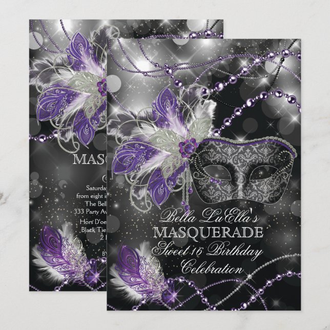 Mardi Gras Masquerade Invitation de fête d'anniver (Devant / Derrière)