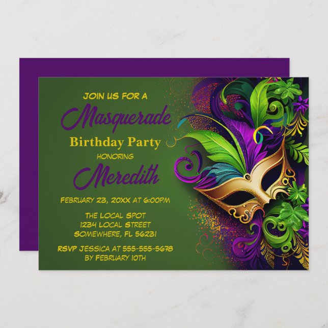 Mardi Gras Masquerade Invitation de fête d'anniver (Devant / Derrière)