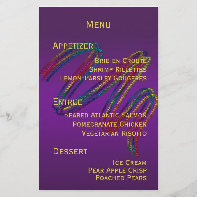 Mardi Gras Party Menu Stationery (Devant)