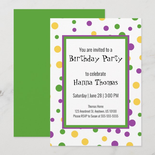 Mardi Gras Polka Dot Jouer Invitation Anniversaire (Devant / Derrière)
