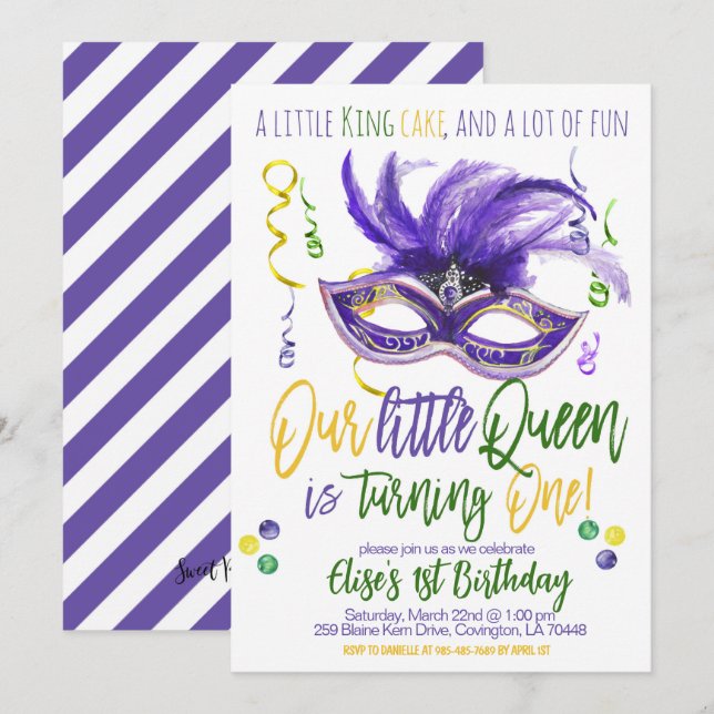 Mardi Gras Queen Invitation pour le premier annive (Devant / Derrière)