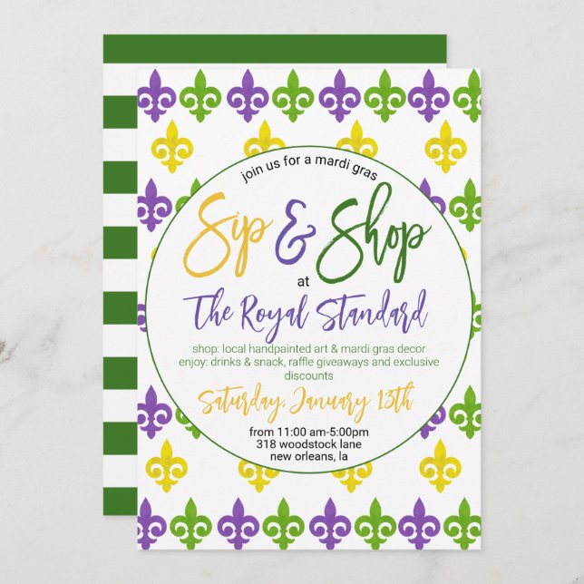 Mardi Gras Sip n Shop Invitation (Devant / Derrière)