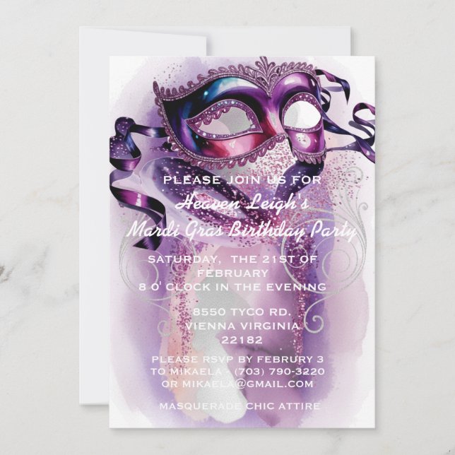 Mardi Gras Sweet 16 Masquerade Birthday Invitation (Devant)