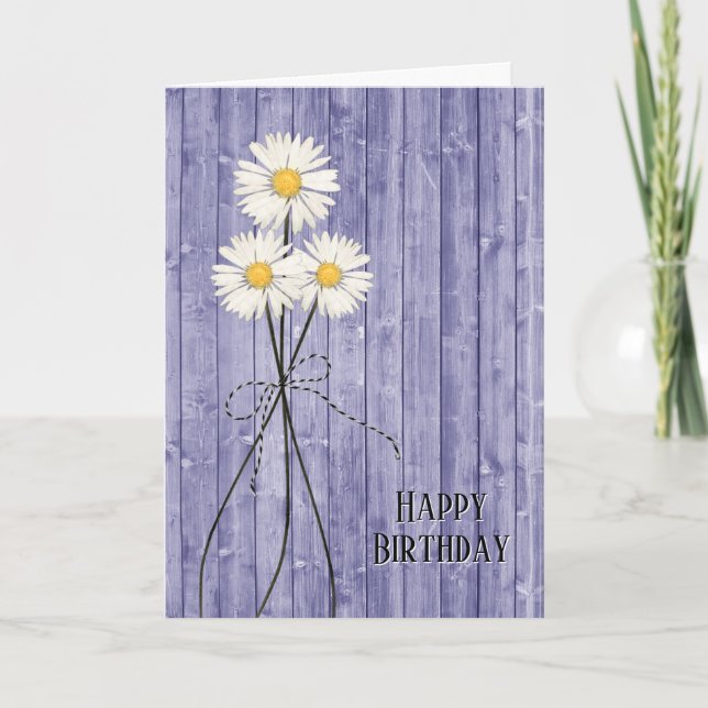 Marguerites D'Anniversaire Sur Carte En Bois Viole (Devant)