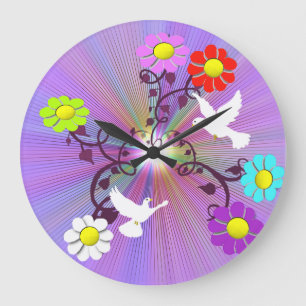 Marguerites et horloge murale peintes de colombes