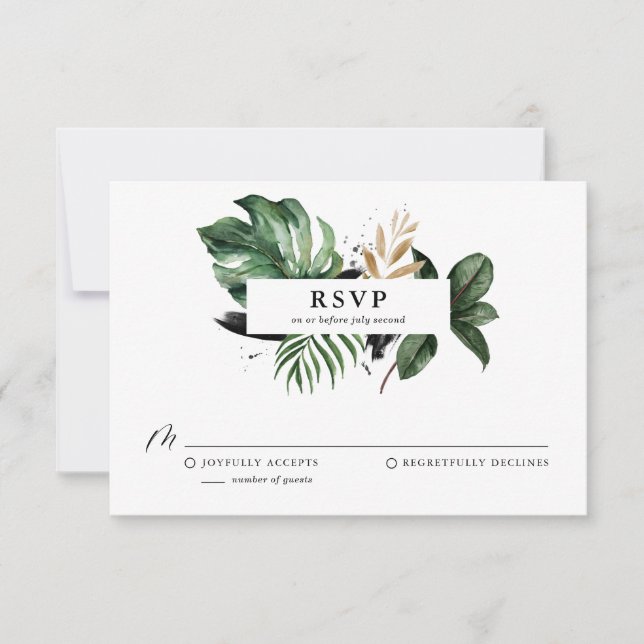 Mariage à huile en or Faux Feuilles tropicaux RSVP (Devant)