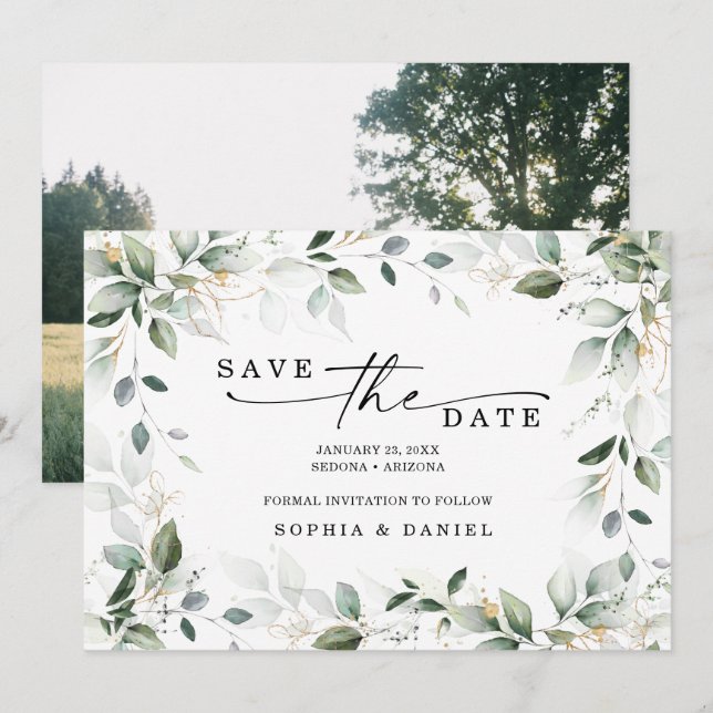 Mariage à l'aquarelle avec save the date en or et  (Devant / Derrière)