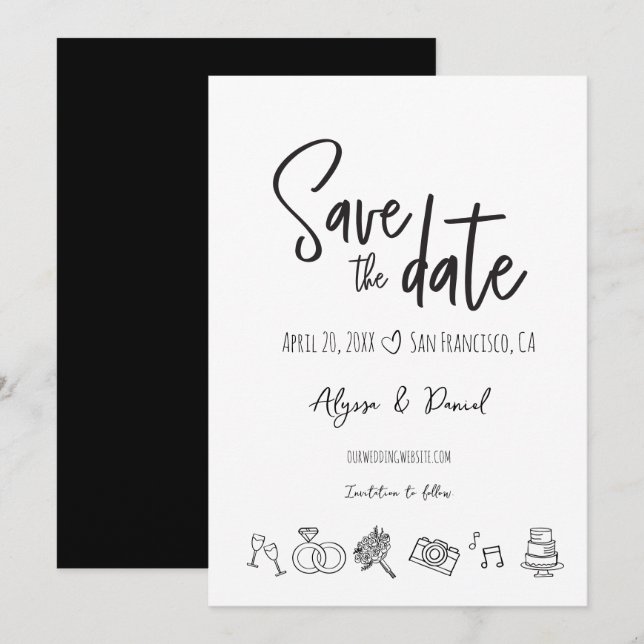 Mariage à main Chic noir blanc Enregistrer la date (Devant / Derrière)