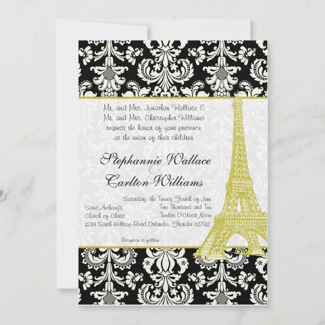 Mariage à Paris Black Damask Invitation (Devant)