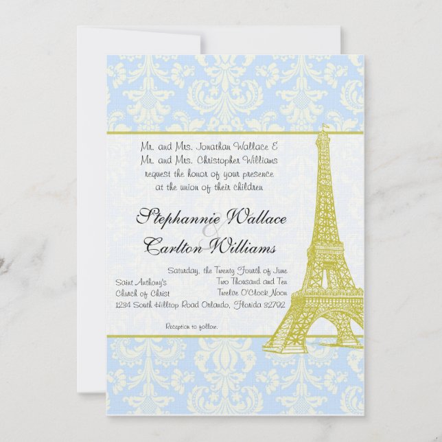 Mariage à Paris Blue Damask Invitation (Devant)