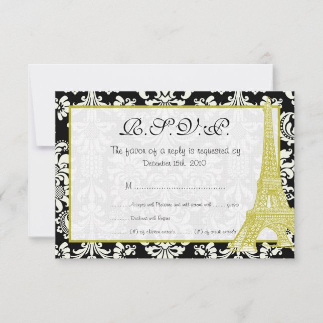 Mariage à Paris Carte RSVP Damask Noir (Devant)