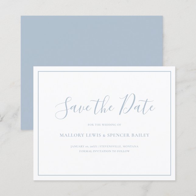 Mariage à petit budget bleu poussiéreux, carte de  (Devant / Derrière)