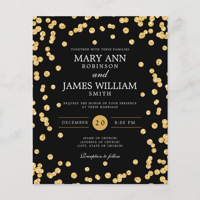 Mariage à petit budget Invitation noire avec confe (Devant)