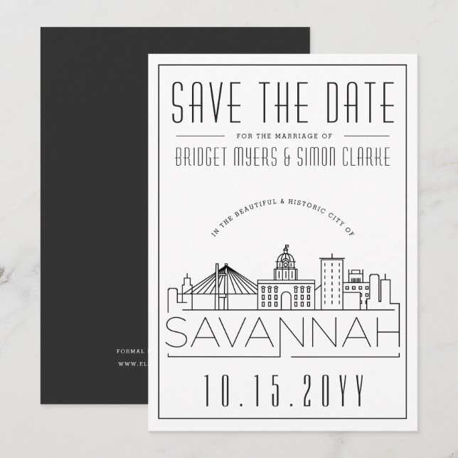 Mariage à Savannah | Skyline stylisé, carte de sau (Devant / Derrière)