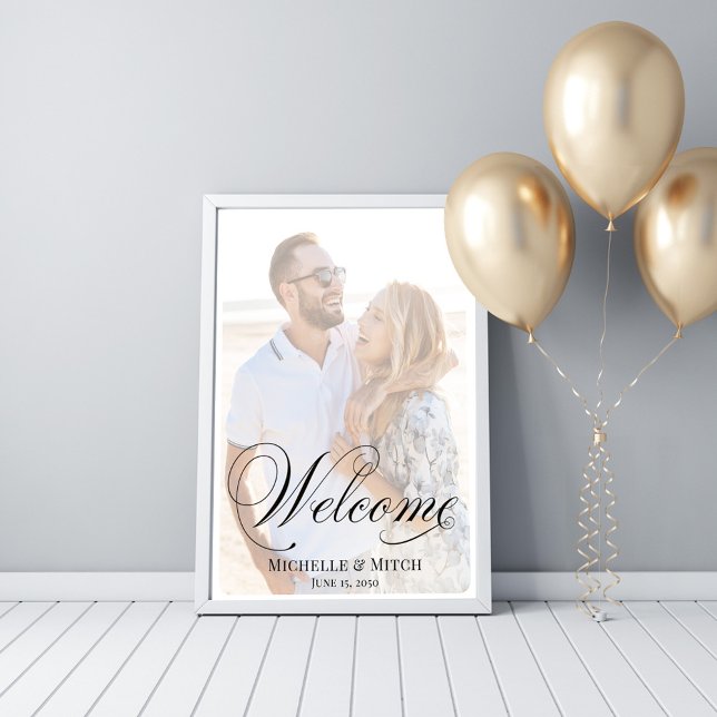 Mariage Affiche de bienvenue Élégant Script Photo (Wedding welcome sign with photo template and stylish calligraphy script. )