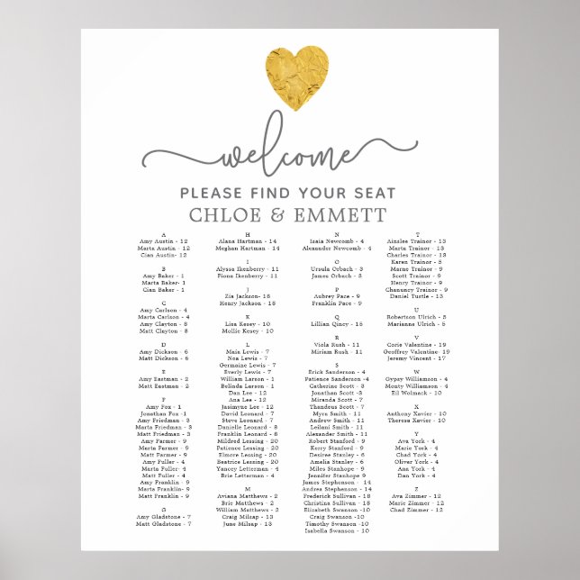 Mariage Alphabétique Gold Foil Heart Tableau de si (Devant)