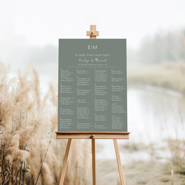 Mariage alphabétique vert Boho Tableau de sièges (Créateur téléchargé)