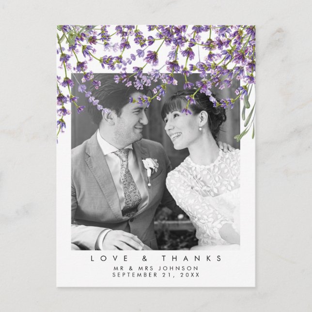 mariage amour et merci photo carte postale lavande (Devant)