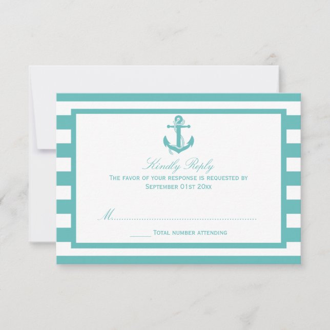 Mariage Ancre en bande turquoise marine RSVP (Devant)