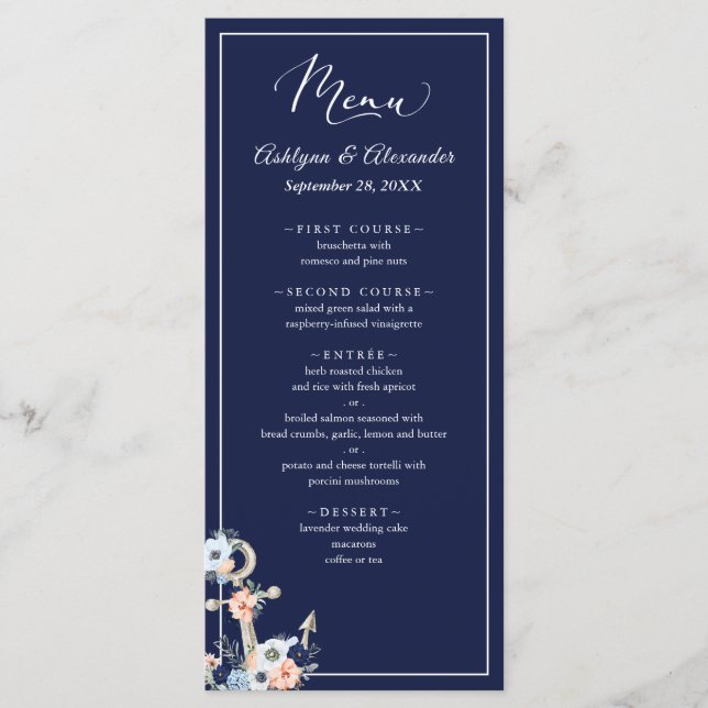 Mariage Ancre nautique Marine Blue Peach Menu (Devant)
