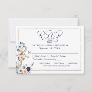 Mariage Ancre nautique Marine Blue Peach Menu RSVP