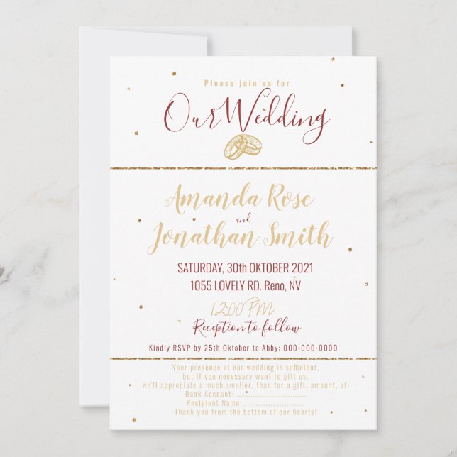 Mariage anneau invitation parties scintillant or e (Devant)