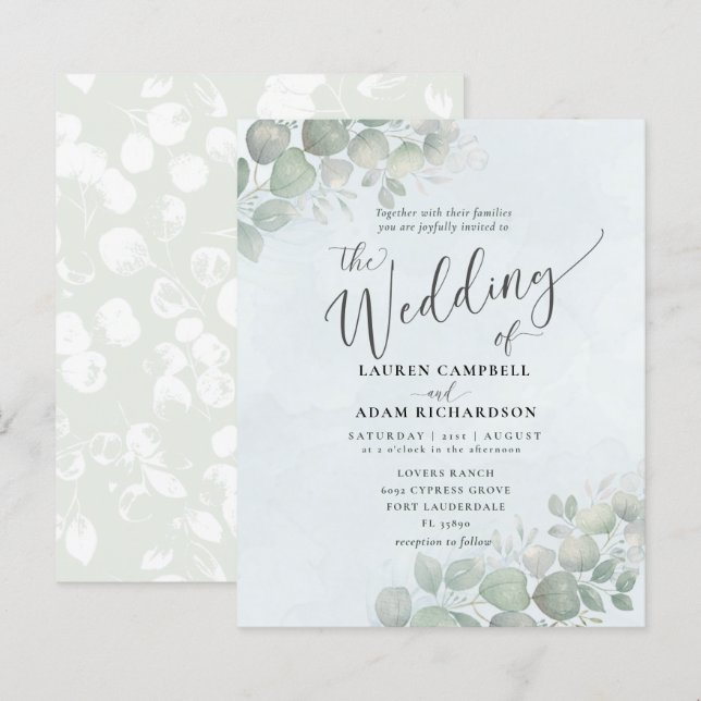 Mariage aquarelle bleu poussiéreux Budget Eucalypt (Devant / Derrière)