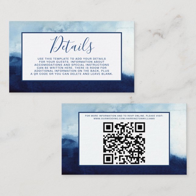 Mariage aquarelle Détails Carte Marine bleu QR Cod (Devant / Derrière)