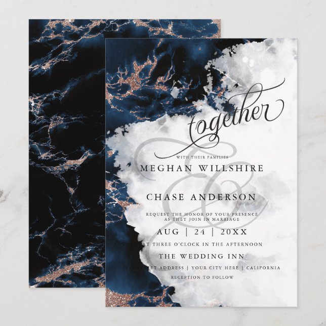 MARIAGE | Aquarelle marine Blue 2 Rose Gold Geode (Devant / Derrière)