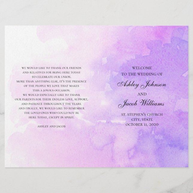 Mariage aquarelle violet. Programme lavande plié (Devant)