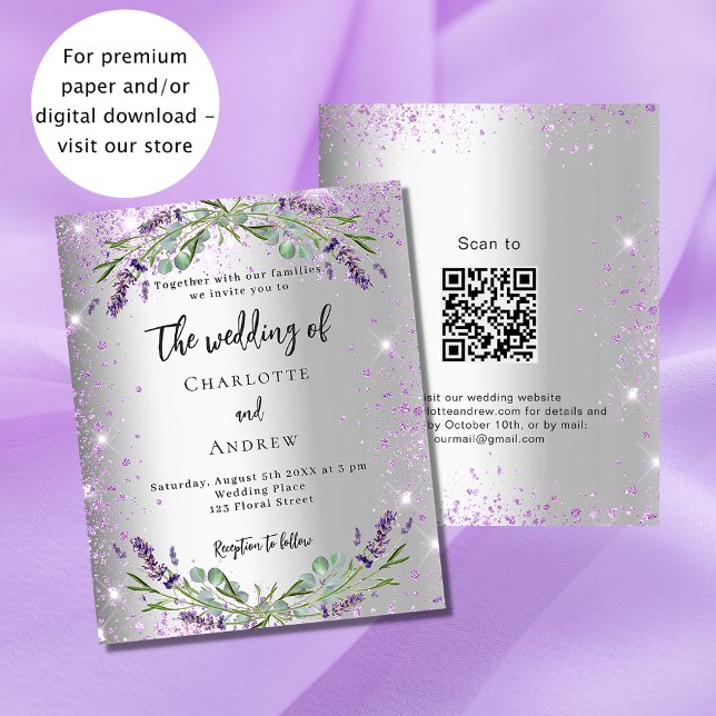 Mariage argent lavande QR RSVP invitation budgétai (Créateur téléchargé)