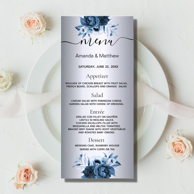 Mariage argent menu bleu floraux élégant moderne (Créateur téléchargé)